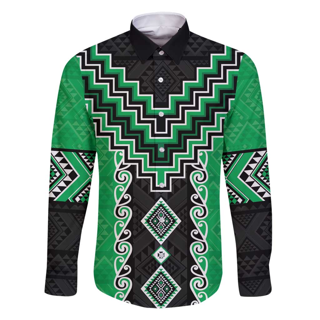Green Niho Taniwha Mix Poutama Family Matching Off Shoulder Short Dress and Hawaiian Shirt Unique Taniko Aotearoa LT01 Dad's Shirt - Long Sleeve Green - Polynesian Pride