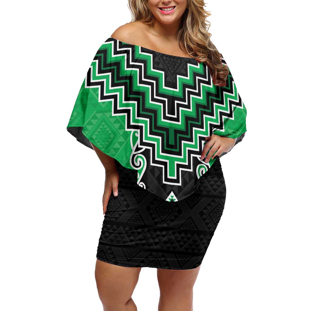 Green Niho Taniwha Mix Poutama Family Matching Off Shoulder Short Dress and Hawaiian Shirt Unique Taniko Aotearoa LT01 Mom's Dress Green - Polynesian Pride