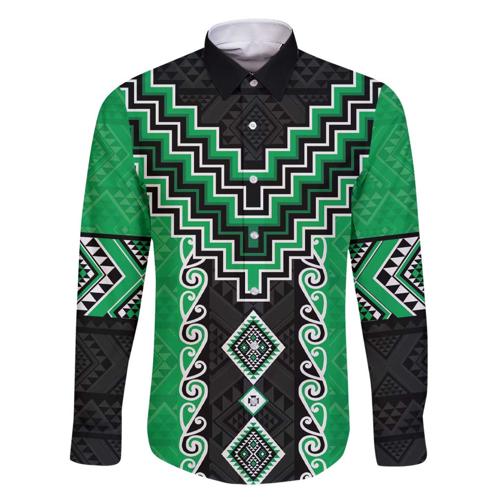 Green Niho Taniwha Mix Poutama Family Matching Short Sleeve Bodycon Dress and Hawaiian Shirt Unique Taniko Aotearoa LT01 Dad's Shirt - Long Sleeve Green - Polynesian Pride