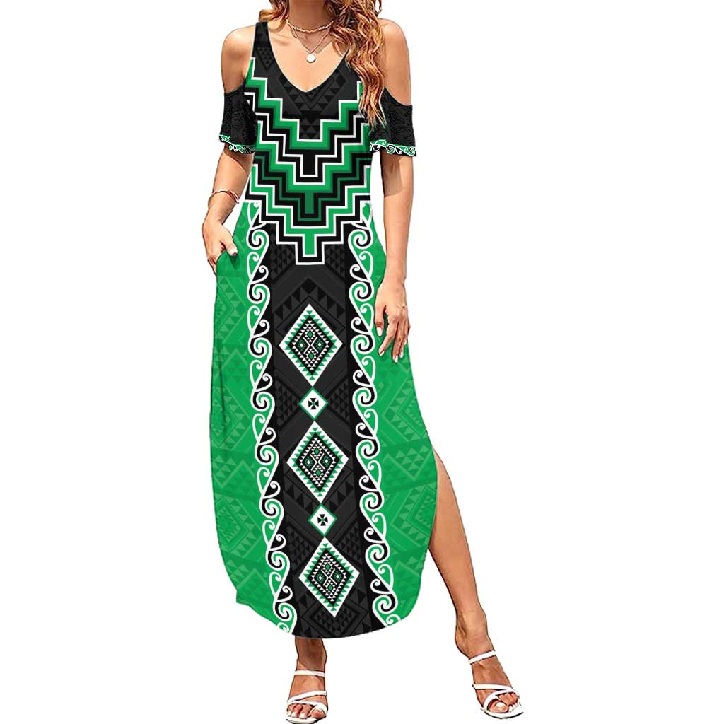 Green Niho Taniwha Mix Poutama Family Matching Summer Maxi Dress and Hawaiian Shirt Unique Taniko Aotearoa LT01 Mom's Dress Green - Polynesian Pride