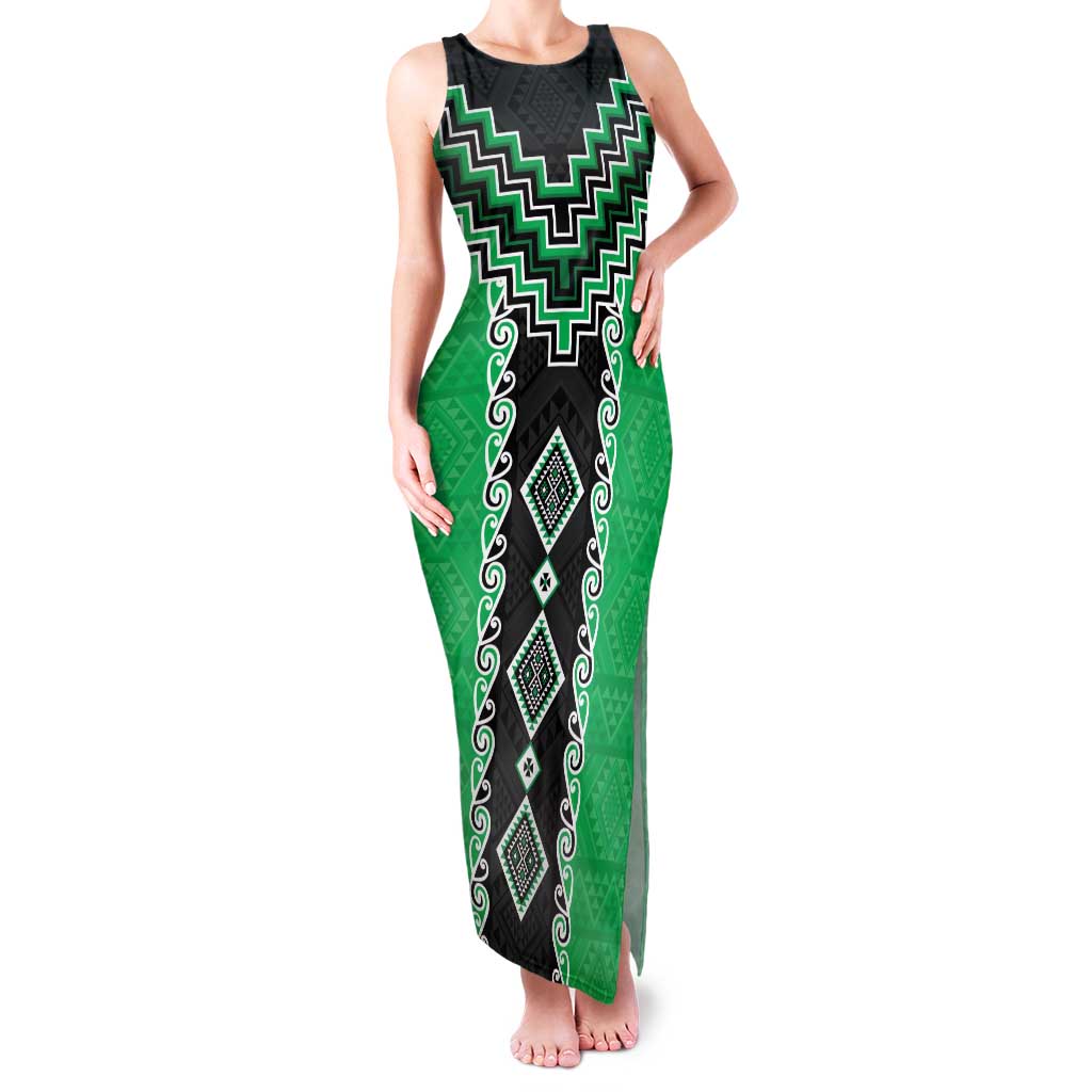 Green Niho Taniwha Mix Poutama Family Matching Tank Maxi Dress and Hawaiian Shirt Unique Taniko Aotearoa LT01 Mom's Dress Green - Polynesian Pride