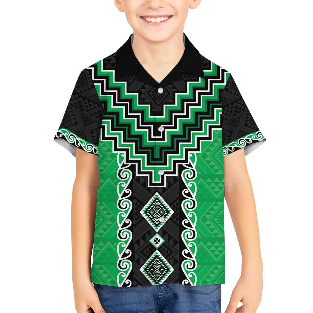 Green Niho Taniwha Mix Poutama Family Matching Tank Maxi Dress and Hawaiian Shirt Unique Taniko Aotearoa LT01 Son's Shirt Green - Polynesian Pride