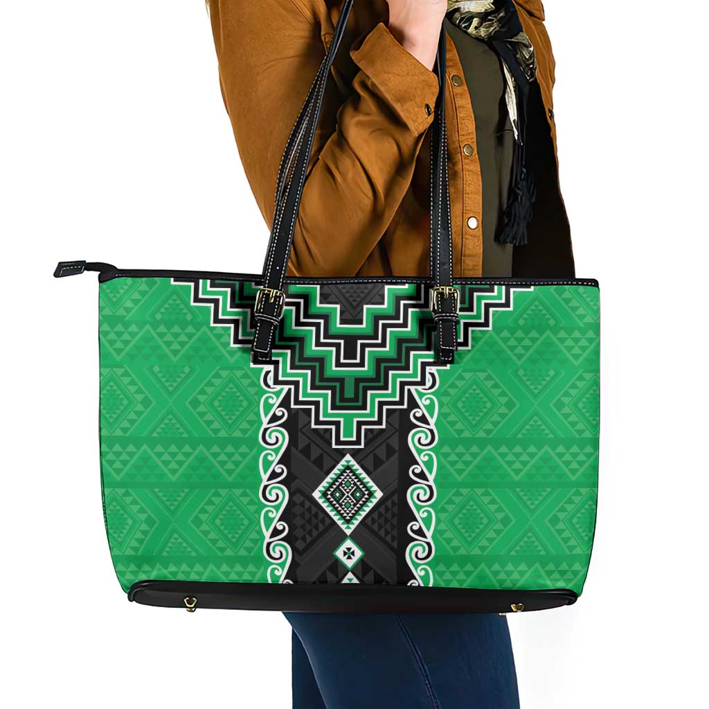 Green Niho Taniwha Mix Poutama Leather Tote Bag Unique Taniko Aotearoa