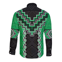 Green Niho Taniwha Mix Poutama Long Sleeve Button Shirt Unique Taniko Aotearoa