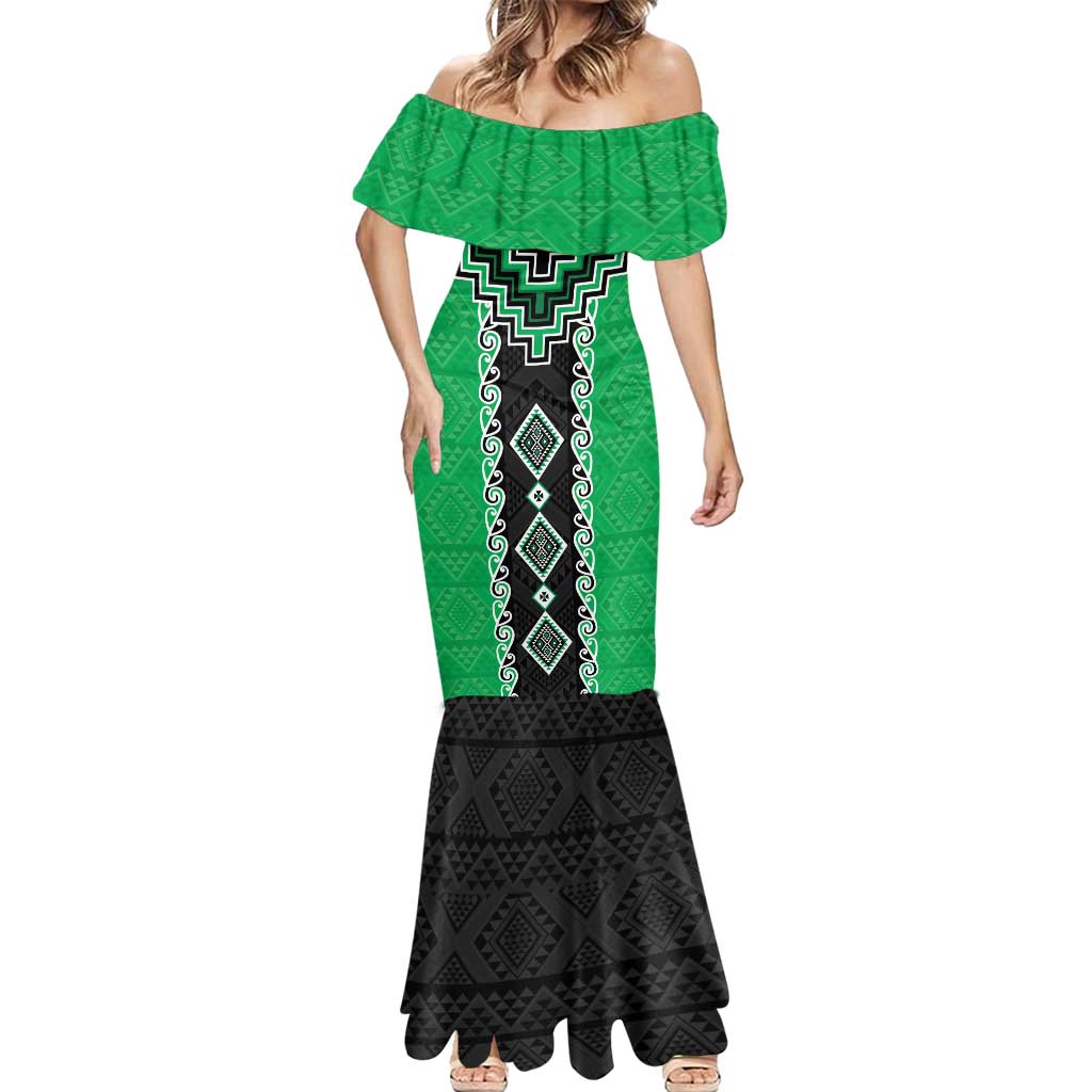 Green Niho Taniwha Mix Poutama Mermaid Dress Unique Taniko Aotearoa