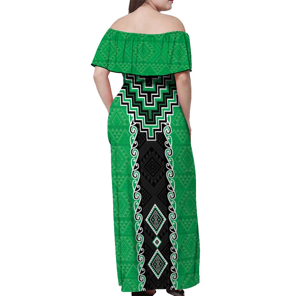 Green Niho Taniwha Mix Poutama Off Shoulder Maxi Dress Unique Taniko Aotearoa