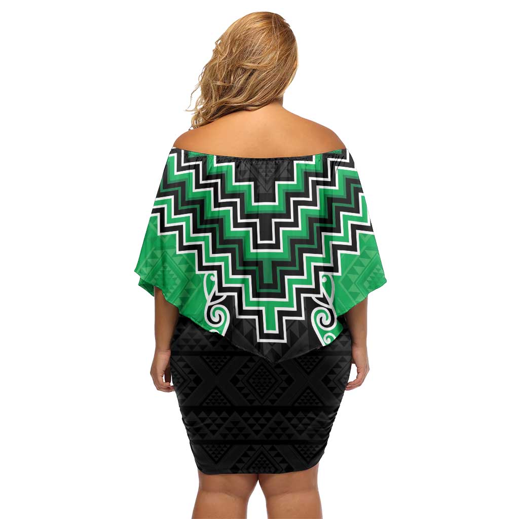 Green Niho Taniwha Mix Poutama Off Shoulder Short Dress Unique Taniko Aotearoa