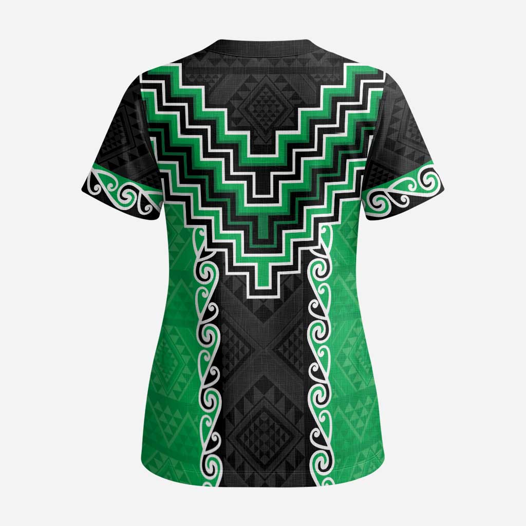 Green Niho Taniwha Mix Poutama Scrub Top Unique Taniko Aotearoa - Polynesian Pride