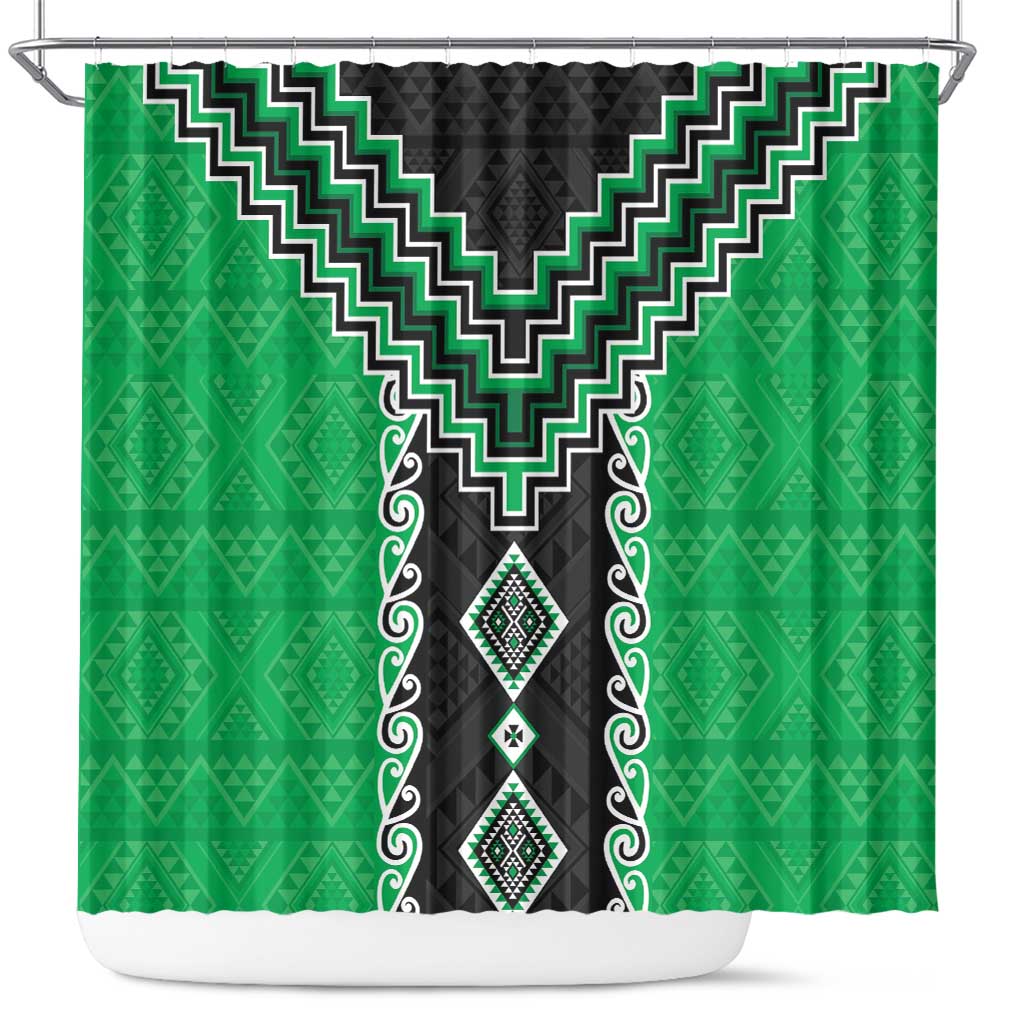 Green Niho Taniwha Mix Poutama Shower Curtain Unique Taniko Aotearoa LT01 Green - Polynesian Pride
