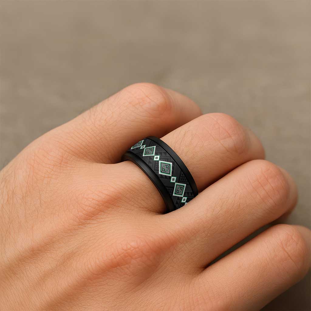 Green Niho Taniwha Mix Poutama Spinner Ring Unique Taniko Aotearoa - Polynesian Pride
