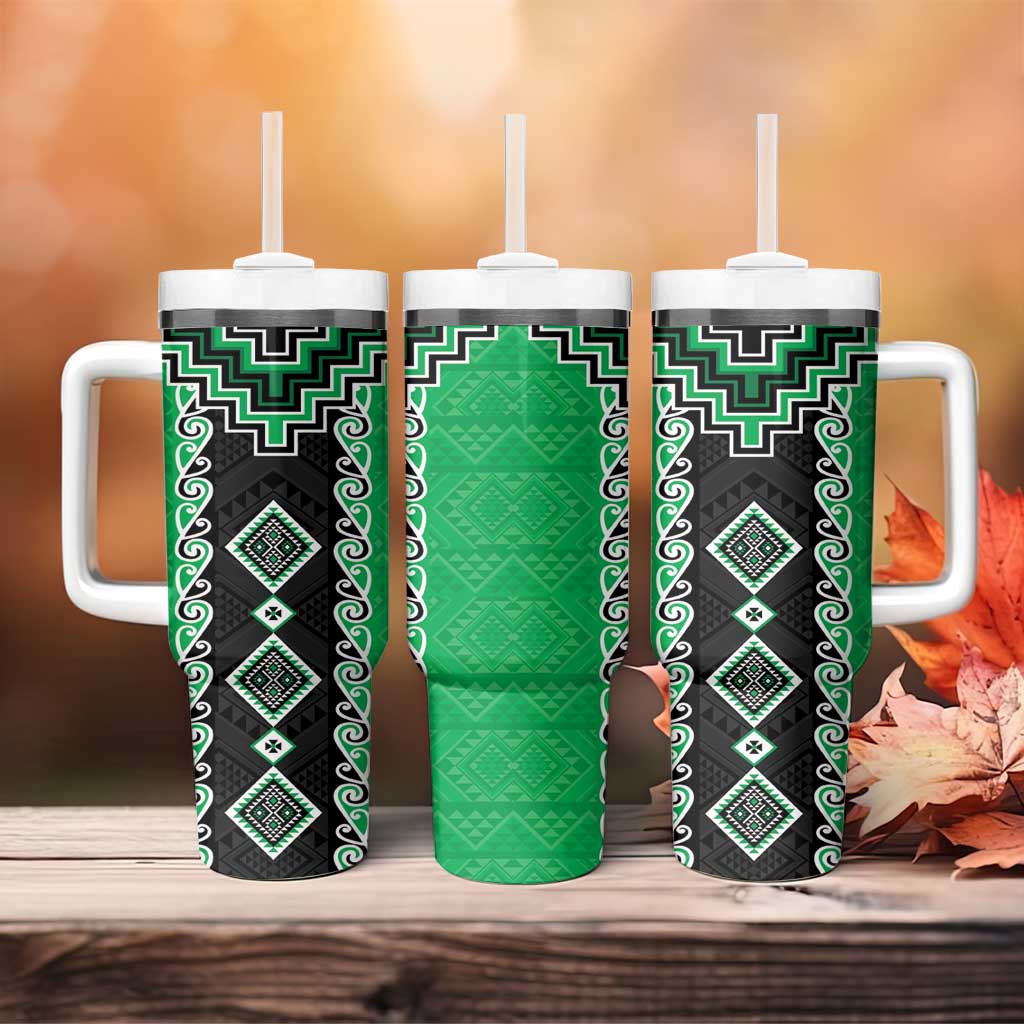 Green Niho Taniwha Mix Poutama Tumbler With Handle Unique Taniko Aotearoa