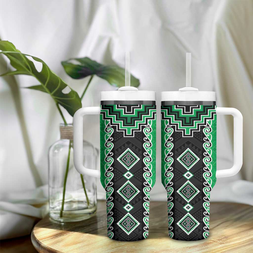 Green Niho Taniwha Mix Poutama Tumbler With Handle Unique Taniko Aotearoa