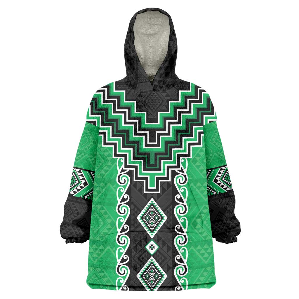 Green Niho Taniwha Mix Poutama Wearable Blanket Hoodie Unique Taniko Aotearoa LT01 One Size Green - Polynesian Pride