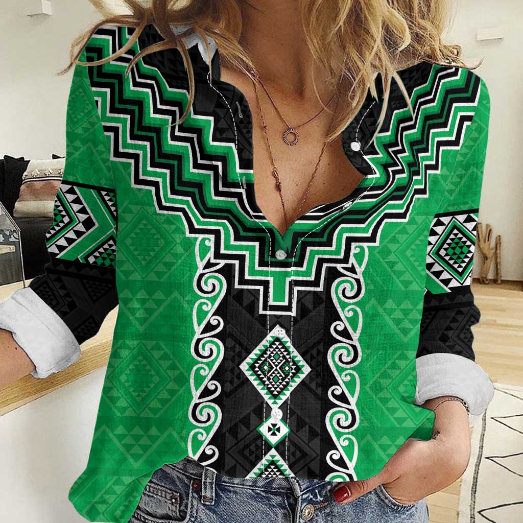 Green Niho Taniwha Mix Poutama Women Casual Shirt Unique Taniko Aotearoa LT01 Female Green - Polynesian Pride