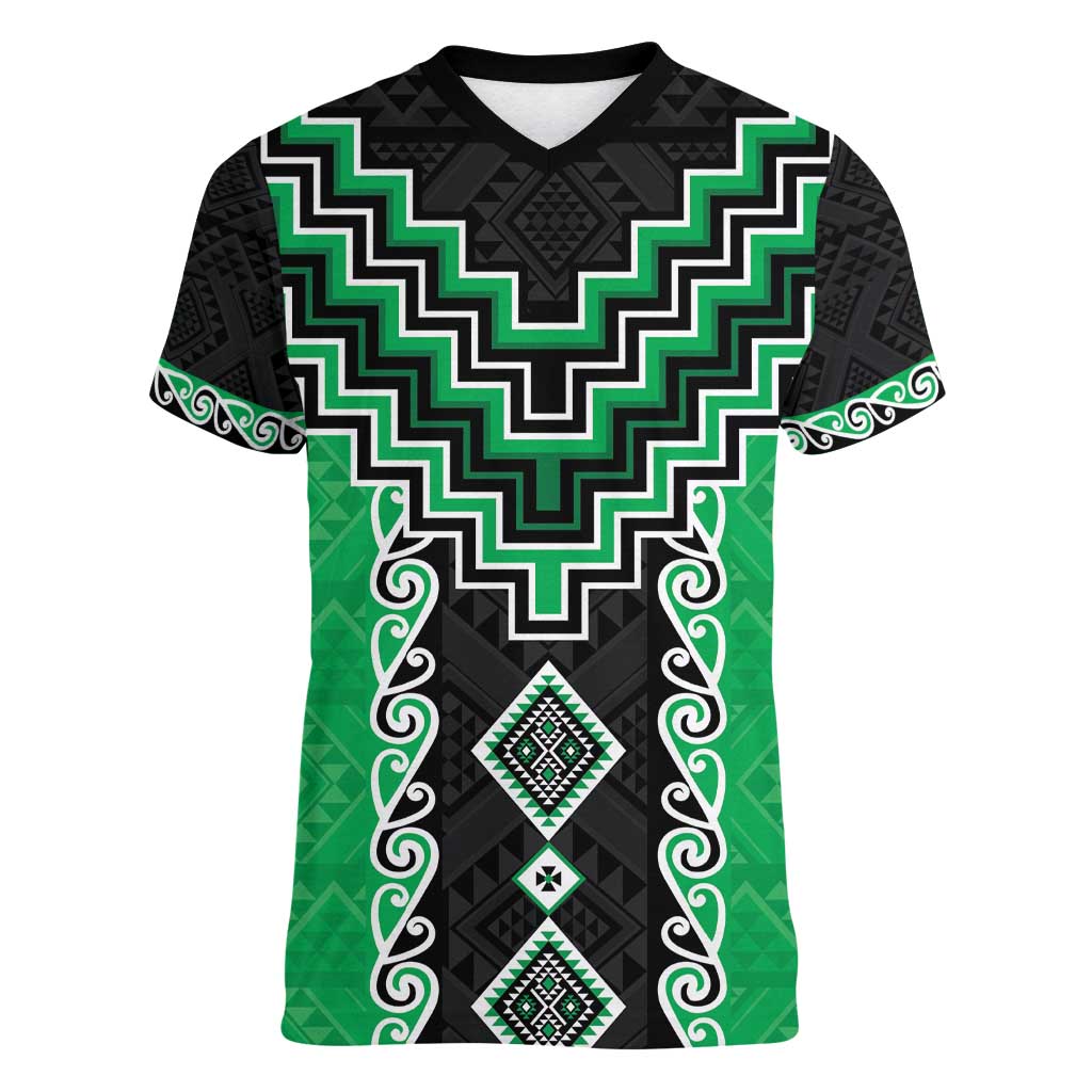 Green Niho Taniwha Mix Poutama Women V-Neck T-Shirt Unique Taniko Aotearoa
