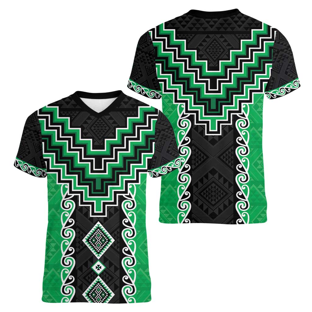 Green Niho Taniwha Mix Poutama Women V-Neck T-Shirt Unique Taniko Aotearoa