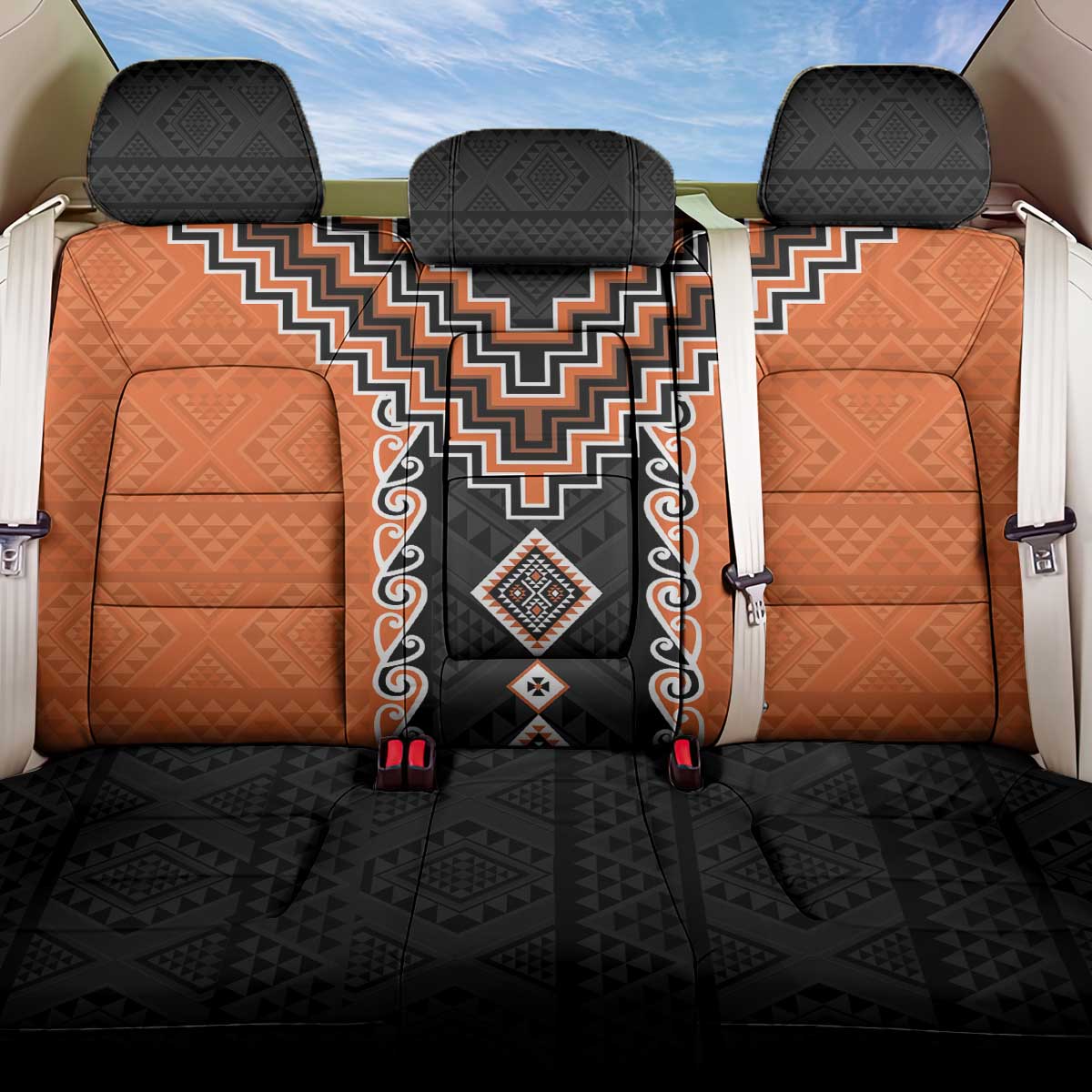 Orange Niho Taniwha Mix Poutama Back Car Seat Cover Unique Taniko Aotearoa LT01 One Size Orange - Polynesian Pride