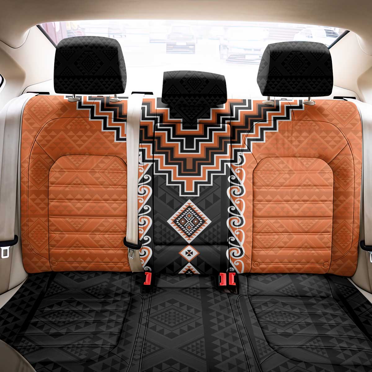 Orange Niho Taniwha Mix Poutama Back Car Seat Cover Unique Taniko Aotearoa LT01 - Polynesian Pride