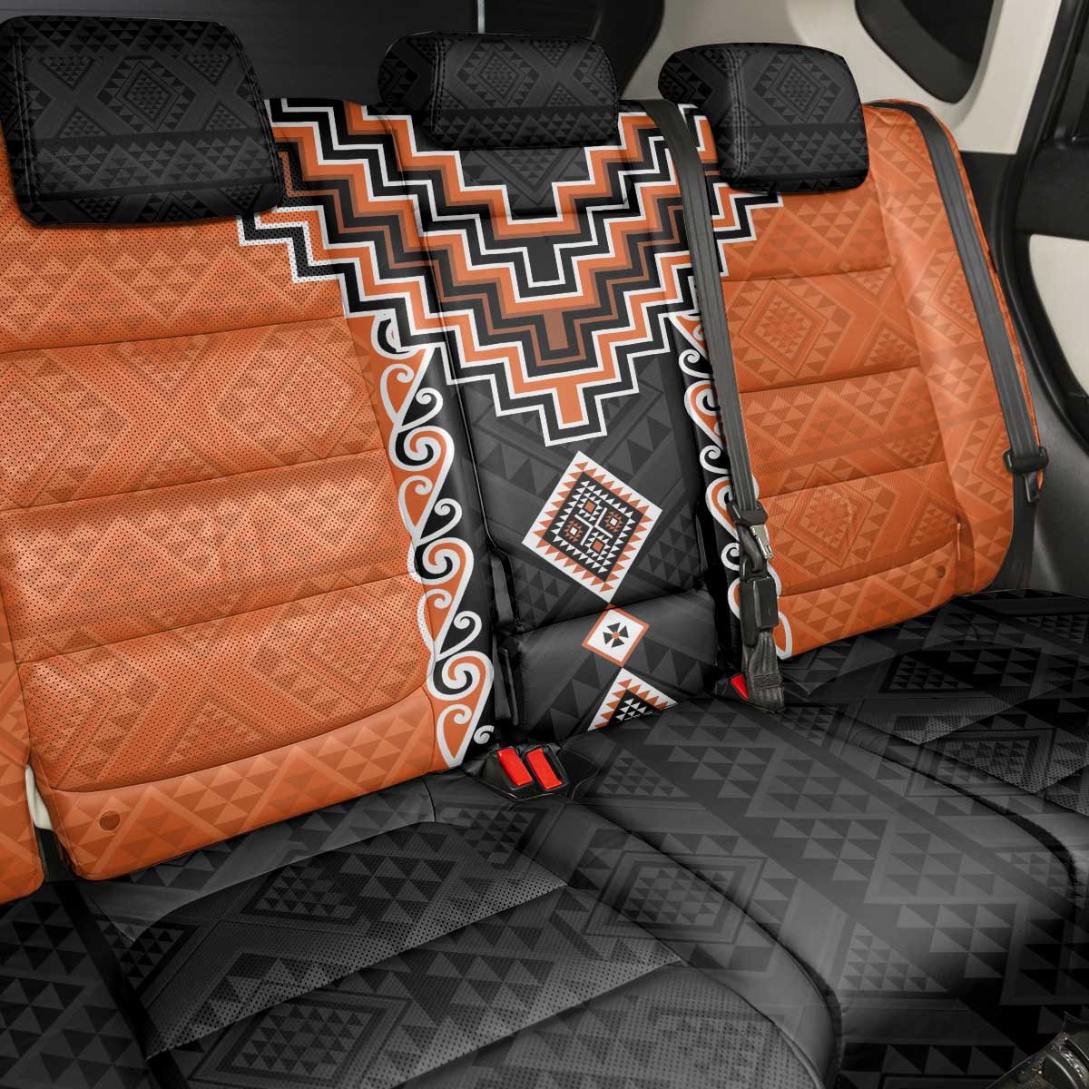 Orange Niho Taniwha Mix Poutama Back Car Seat Cover Unique Taniko Aotearoa LT01 - Polynesian Pride