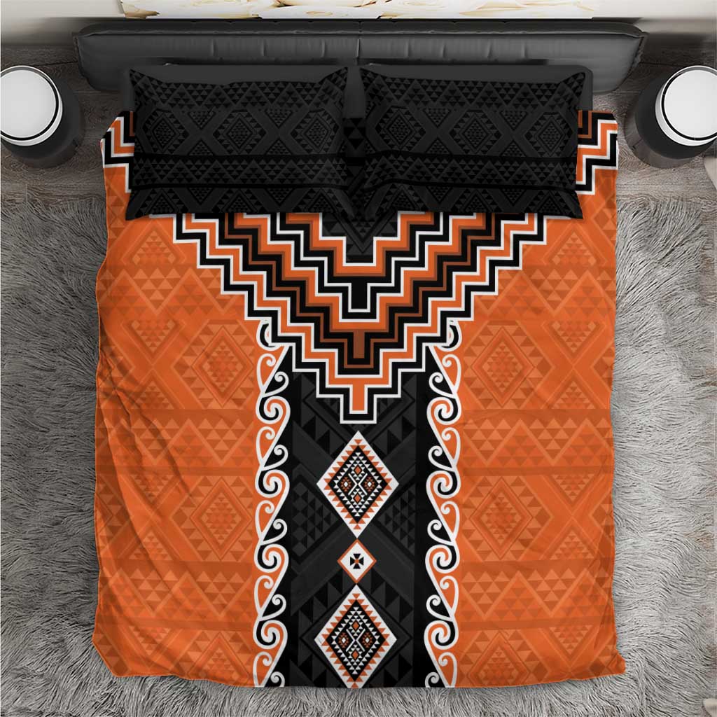 Orange Niho Taniwha Mix Poutama Bedding Set Unique Taniko Aotearoa LT01 Orange - Polynesian Pride
