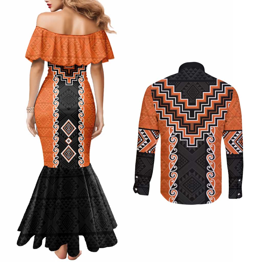 Orange Niho Taniwha Mix Poutama Couples Matching Mermaid Dress and Long Sleeve Button Shirt Unique Taniko Aotearoa
