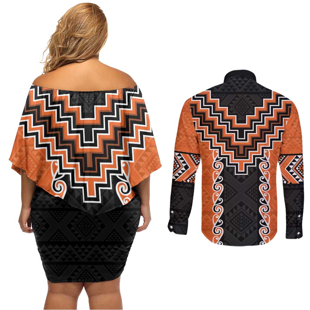 Orange Niho Taniwha Mix Poutama Couples Matching Off Shoulder Short Dress and Long Sleeve Button Shirt Unique Taniko Aotearoa