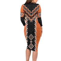 Orange Niho Taniwha Mix Poutama Family Matching Long Sleeve Bodycon Dress and Hawaiian Shirt Unique Taniko Aotearoa LT01 - Polynesian Pride
