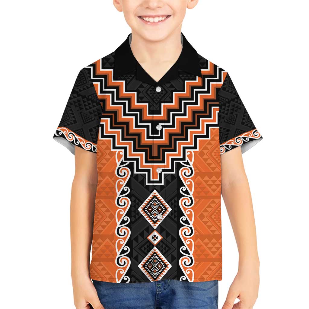 Orange Niho Taniwha Mix Poutama Family Matching Long Sleeve Bodycon Dress and Hawaiian Shirt Unique Taniko Aotearoa LT01 Son's Shirt Orange - Polynesian Pride