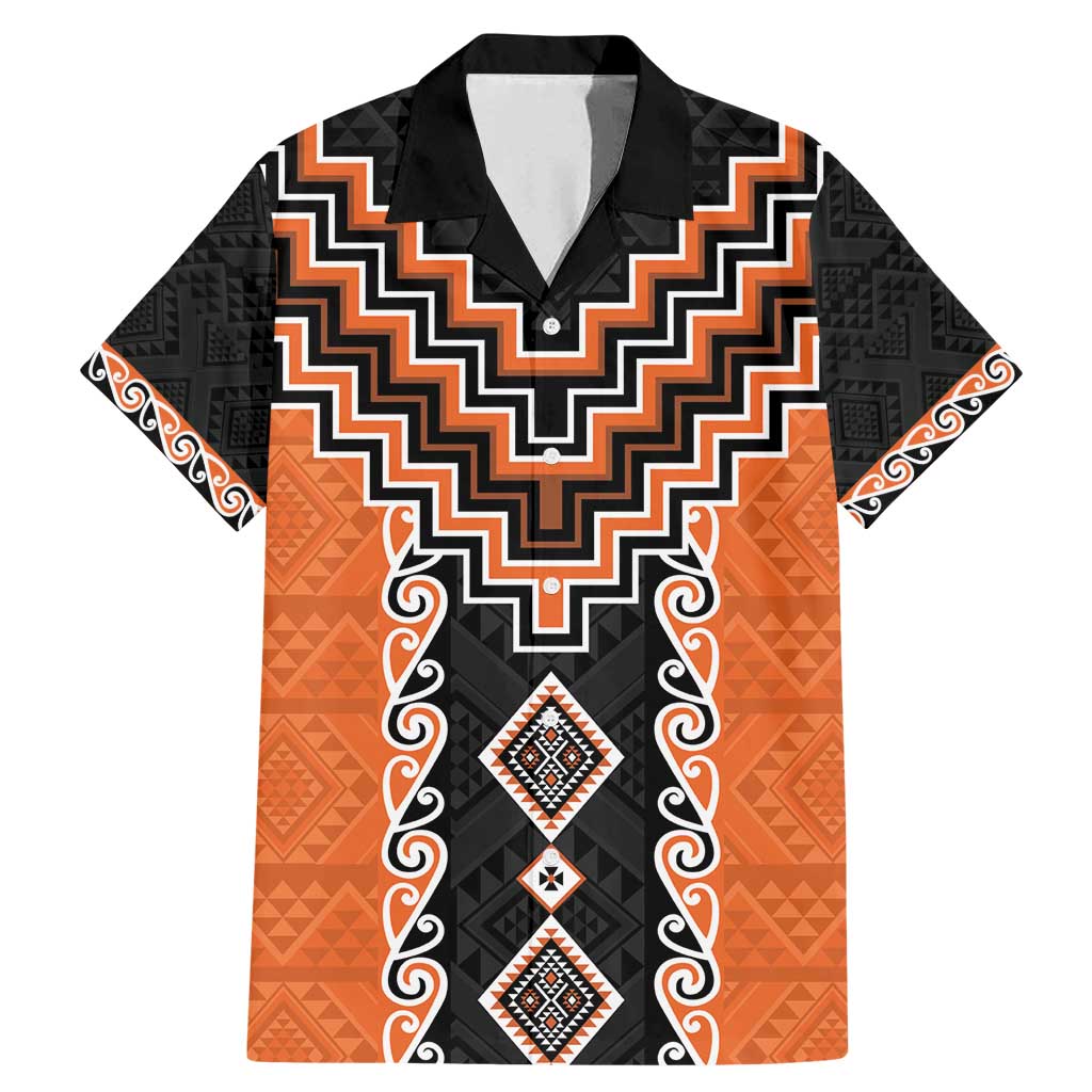 Orange Niho Taniwha Mix Poutama Family Matching Mermaid Dress and Hawaiian Shirt Unique Taniko Aotearoa LT01 Dad's Shirt - Short Sleeve Orange - Polynesian Pride
