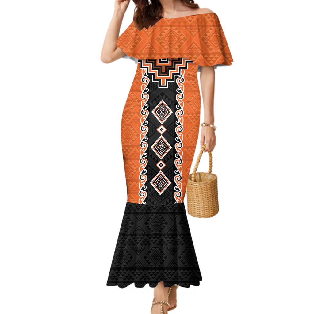 Orange Niho Taniwha Mix Poutama Family Matching Mermaid Dress and Hawaiian Shirt Unique Taniko Aotearoa LT01 Mom's Dress Orange - Polynesian Pride