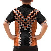 Orange Niho Taniwha Mix Poutama Family Matching Off The Shoulder Long Sleeve Dress and Hawaiian Shirt Unique Taniko Aotearoa LT01 - Polynesian Pride