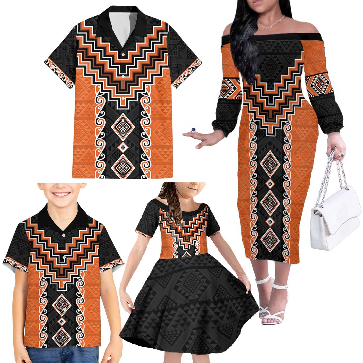 Orange Niho Taniwha Mix Poutama Family Matching Off The Shoulder Long Sleeve Dress and Hawaiian Shirt Unique Taniko Aotearoa LT01 - Polynesian Pride