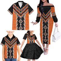 Orange Niho Taniwha Mix Poutama Family Matching Off The Shoulder Long Sleeve Dress and Hawaiian Shirt Unique Taniko Aotearoa LT01 - Polynesian Pride