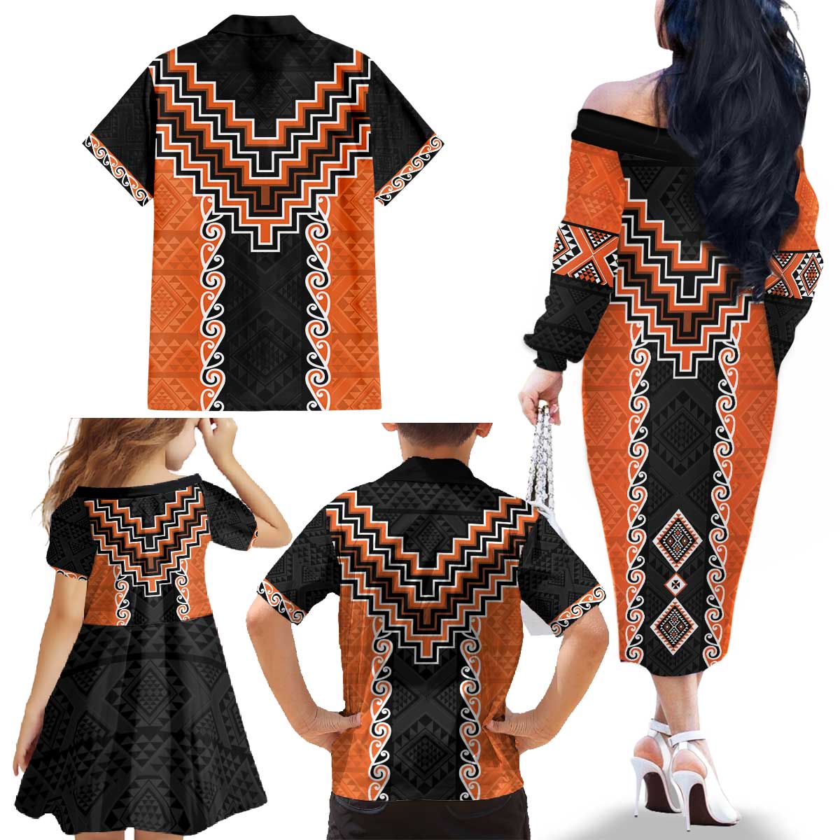 Orange Niho Taniwha Mix Poutama Family Matching Off The Shoulder Long Sleeve Dress and Hawaiian Shirt Unique Taniko Aotearoa LT01 - Polynesian Pride