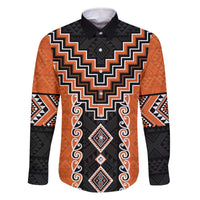 Orange Niho Taniwha Mix Poutama Family Matching Off The Shoulder Long Sleeve Dress and Hawaiian Shirt Unique Taniko Aotearoa LT01 Dad's Shirt - Long Sleeve Orange - Polynesian Pride