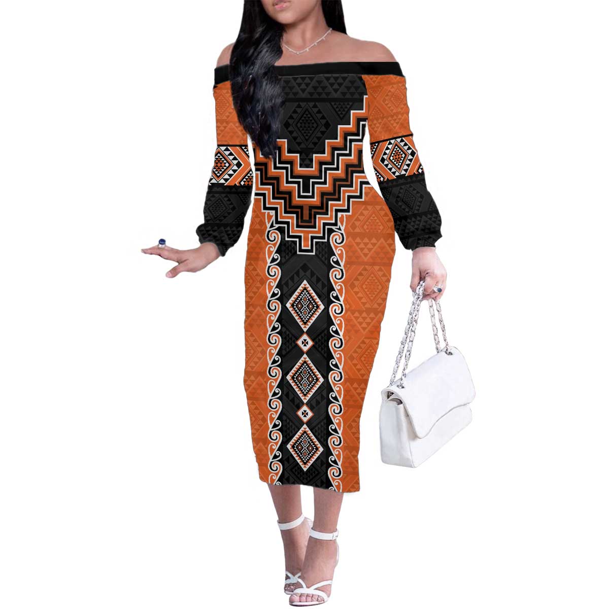 Orange Niho Taniwha Mix Poutama Family Matching Off The Shoulder Long Sleeve Dress and Hawaiian Shirt Unique Taniko Aotearoa LT01 Mom's Dress Orange - Polynesian Pride