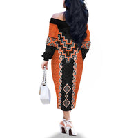 Orange Niho Taniwha Mix Poutama Family Matching Off The Shoulder Long Sleeve Dress and Hawaiian Shirt Unique Taniko Aotearoa LT01 - Polynesian Pride