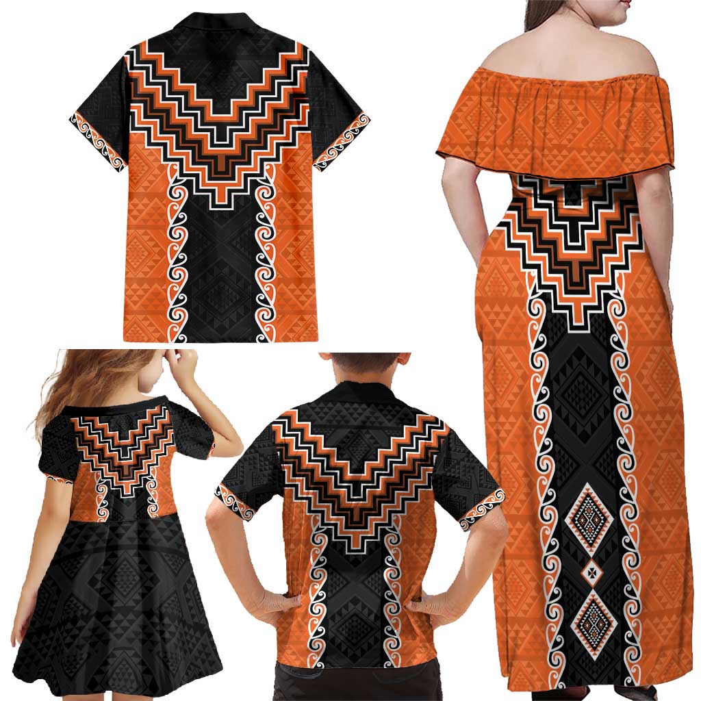 Orange Niho Taniwha Mix Poutama Family Matching Off Shoulder Maxi Dress and Hawaiian Shirt Unique Taniko Aotearoa LT01 - Polynesian Pride