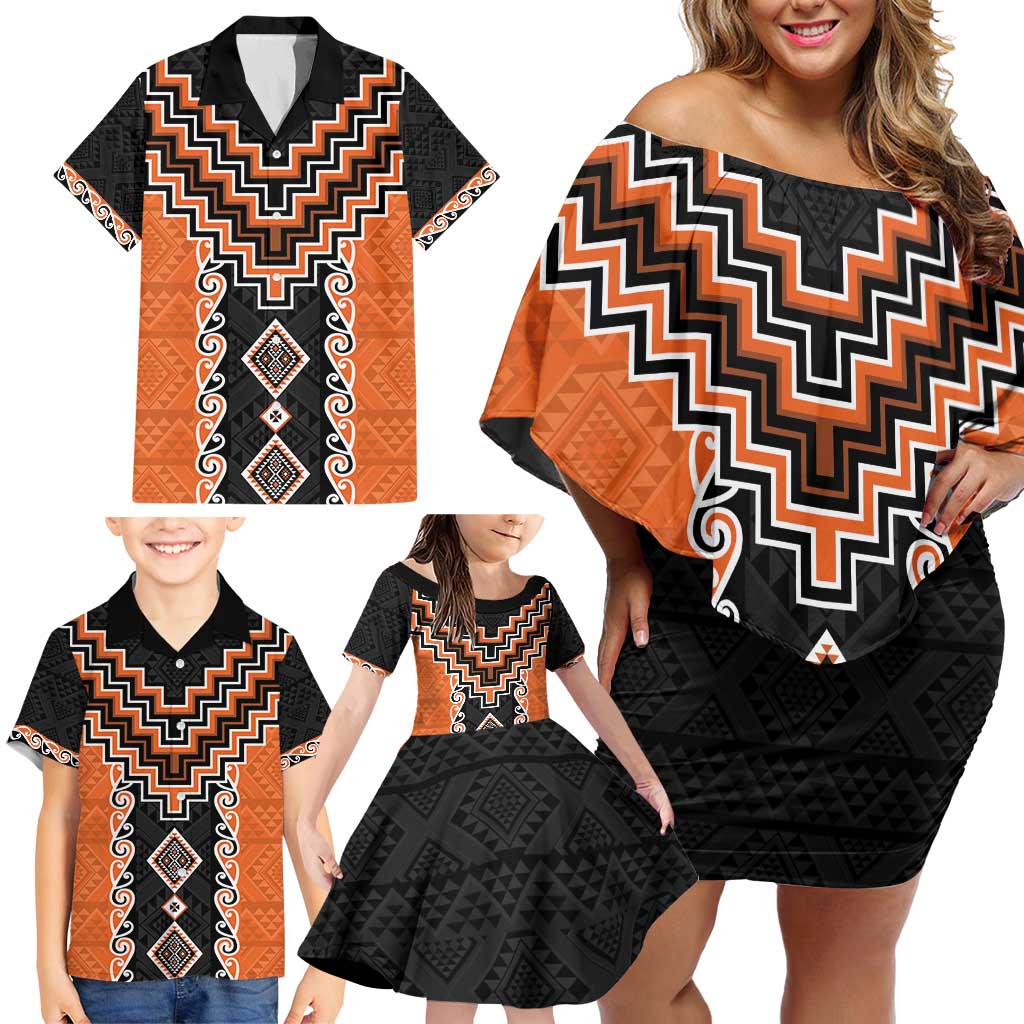 Orange Niho Taniwha Mix Poutama Family Matching Off Shoulder Short Dress and Hawaiian Shirt Unique Taniko Aotearoa LT01 - Polynesian Pride