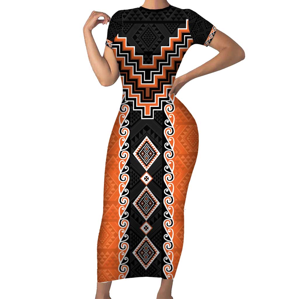 Orange Niho Taniwha Mix Poutama Family Matching Short Sleeve Bodycon Dress and Hawaiian Shirt Unique Taniko Aotearoa LT01 Mom's Dress Orange - Polynesian Pride