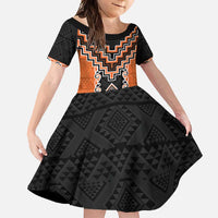 Orange Niho Taniwha Mix Poutama Family Matching Summer Maxi Dress and Hawaiian Shirt Unique Taniko Aotearoa LT01 Daughter's Dress Orange - Polynesian Pride