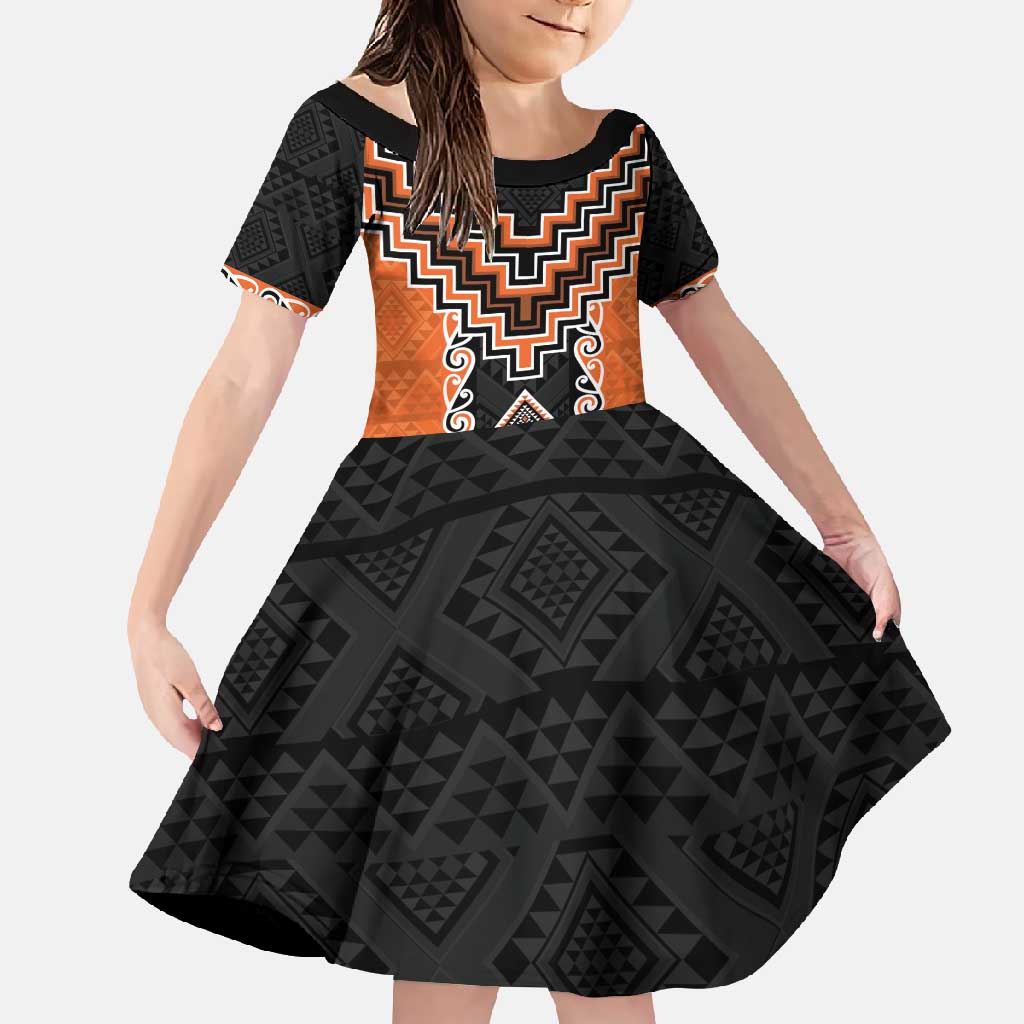 Orange Niho Taniwha Mix Poutama Family Matching Tank Maxi Dress and Hawaiian Shirt Unique Taniko Aotearoa LT01 Daughter's Dress Orange - Polynesian Pride