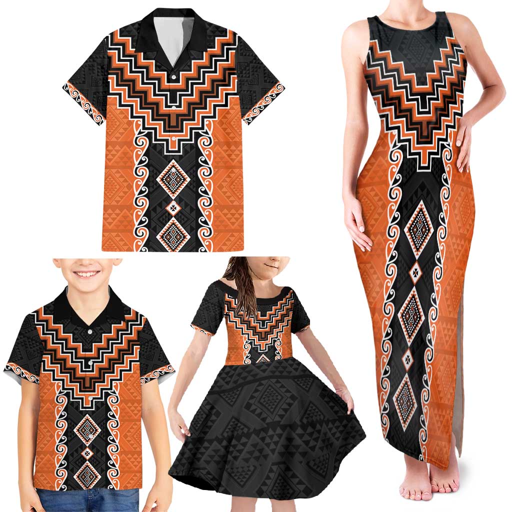 Orange Niho Taniwha Mix Poutama Family Matching Tank Maxi Dress and Hawaiian Shirt Unique Taniko Aotearoa LT01 - Polynesian Pride