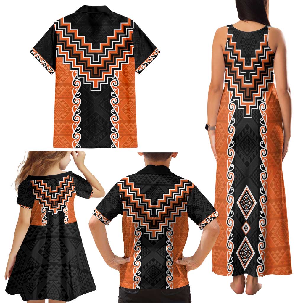 Orange Niho Taniwha Mix Poutama Family Matching Tank Maxi Dress and Hawaiian Shirt Unique Taniko Aotearoa LT01 - Polynesian Pride