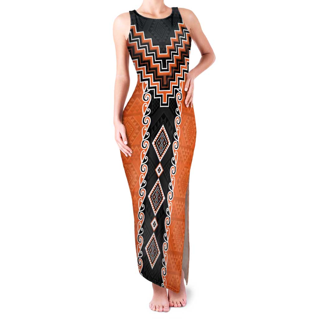 Orange Niho Taniwha Mix Poutama Family Matching Tank Maxi Dress and Hawaiian Shirt Unique Taniko Aotearoa LT01 Mom's Dress Orange - Polynesian Pride