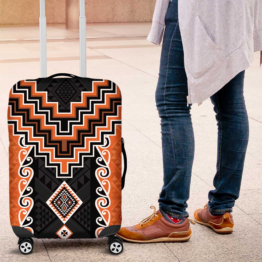 Orange Niho Taniwha Mix Poutama Luggage Cover Unique Taniko Aotearoa LT01 Orange - Polynesian Pride