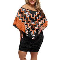 Orange Niho Taniwha Mix Poutama Off Shoulder Short Dress Unique Taniko Aotearoa LT01 Women Orange - Polynesian Pride