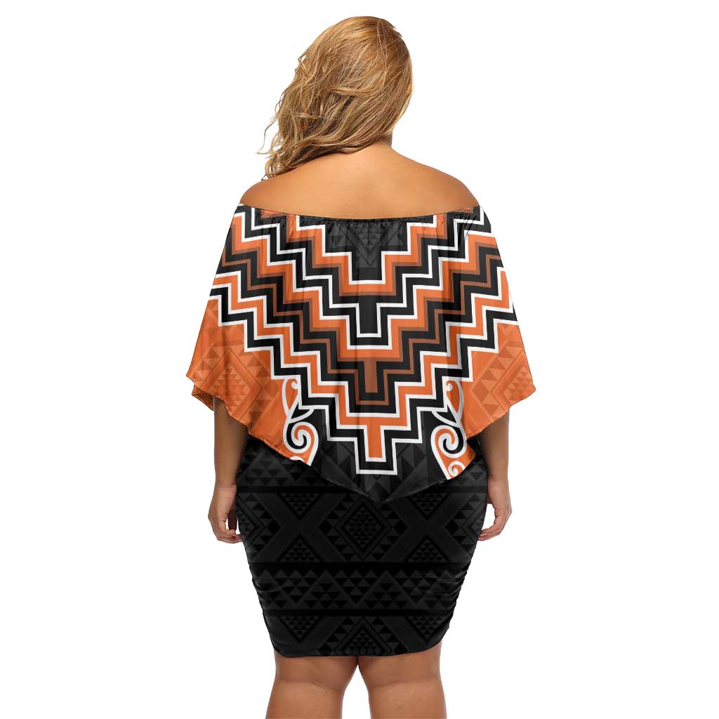 Orange Niho Taniwha Mix Poutama Off Shoulder Short Dress Unique Taniko Aotearoa LT01 - Polynesian Pride