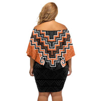 Orange Niho Taniwha Mix Poutama Off Shoulder Short Dress Unique Taniko Aotearoa LT01 - Polynesian Pride