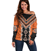 Orange Niho Taniwha Mix Poutama Off Shoulder Sweater Unique Taniko Aotearoa